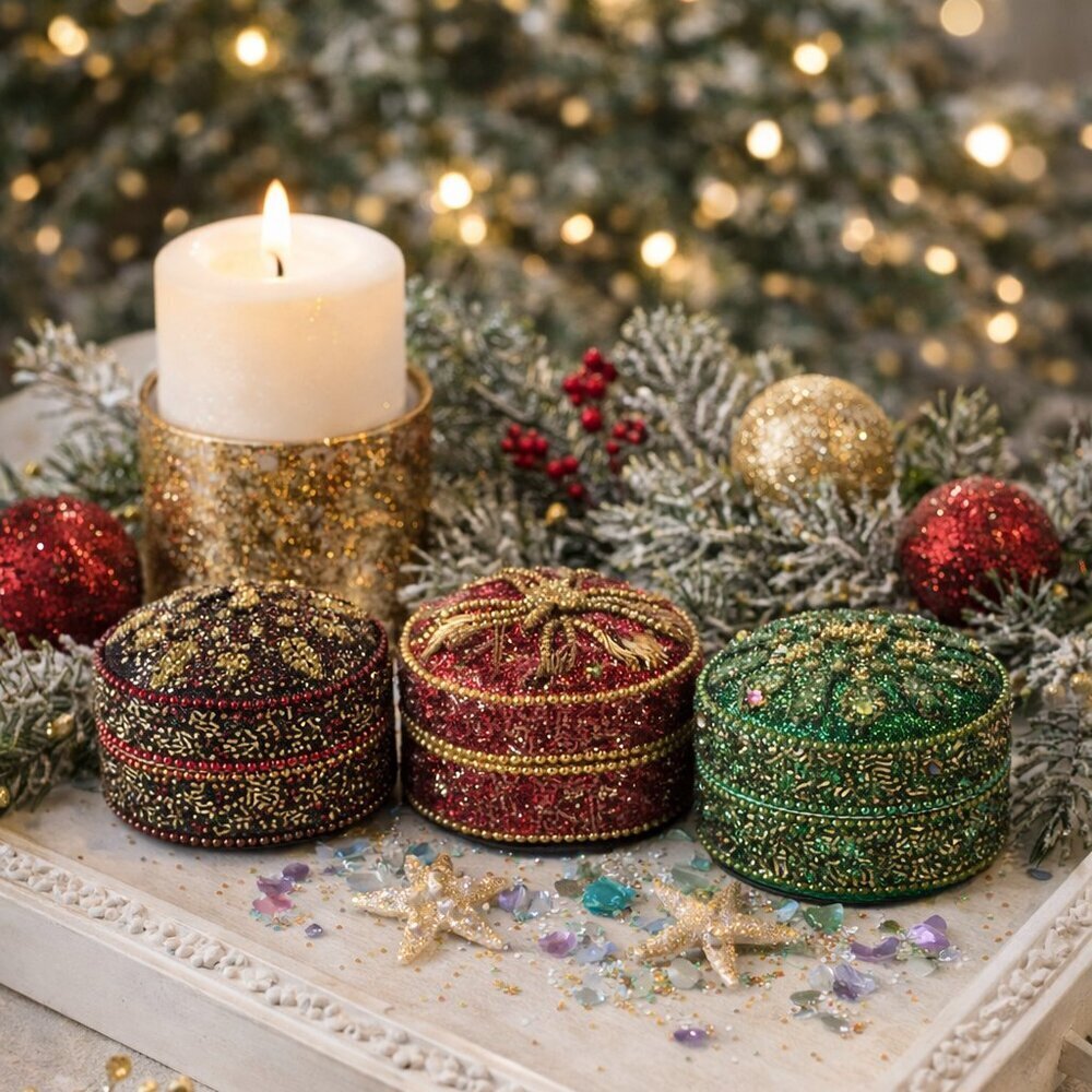 Pier 1 Mini Jeweled Christmas Mini Boxes  Set of 3 NWOT